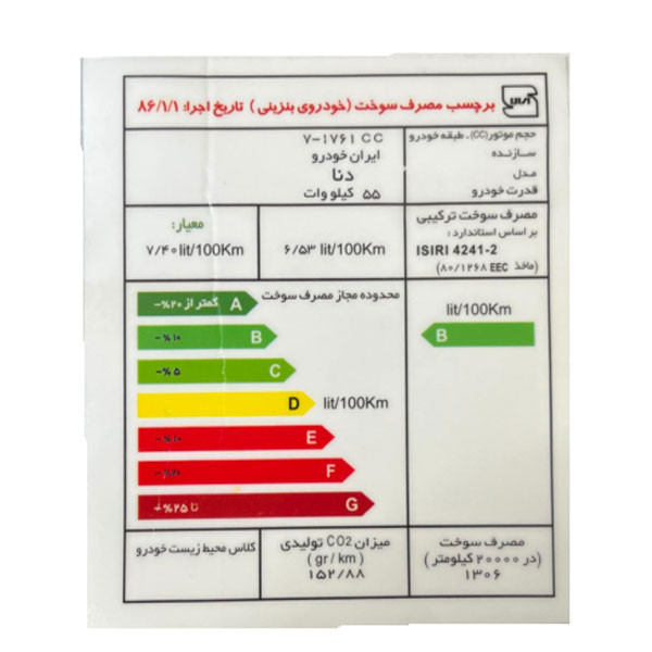 برچسب مصرف انرژی شیشه جلو خودرو وارون مدل P-709 مناسب برای دنا