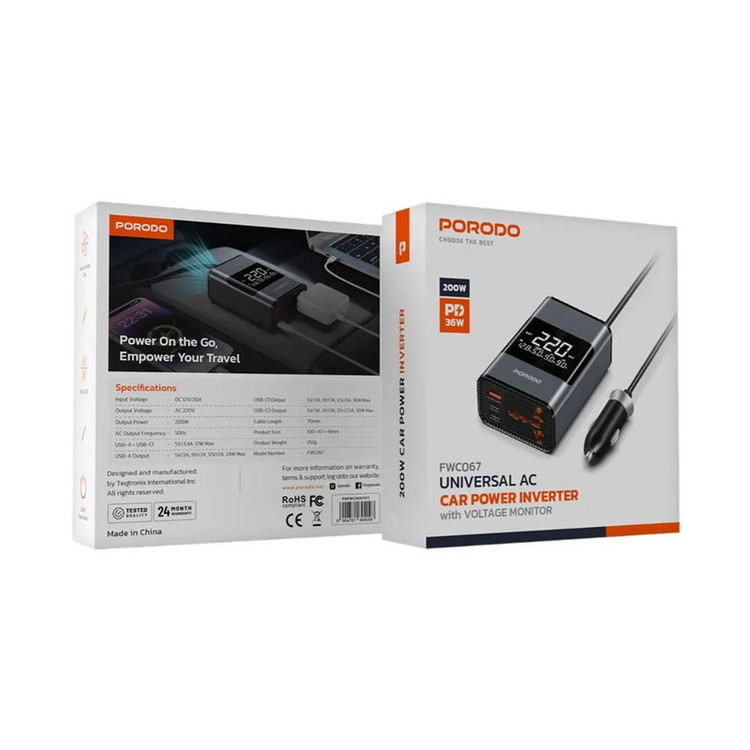 مبدل برق خودرو پرودو مدل 200W Porodo Universal AC Car Power Inverter PDFWCH067GY