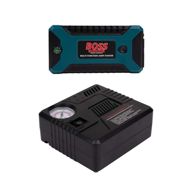جامپ استارتر و پمپ باد خودرو و پاوربانک و چراغ LED باس مدل  چهارکاره کد BS-JS9601 ظرفیت 6000 آمپر
