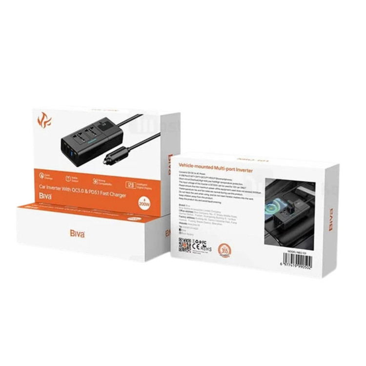 مبدل برق و اینورتر فندکی و چند راهی برق خودرو بیوا مدل NBQ-101 ظرفیت 200 وات