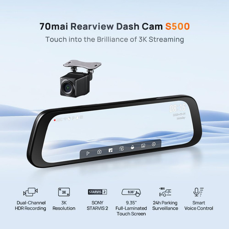 آینه هوشمند خودرو سوِنتی مِی مدل 70mai Rearview Dash Cam S500 به همراه دوربین