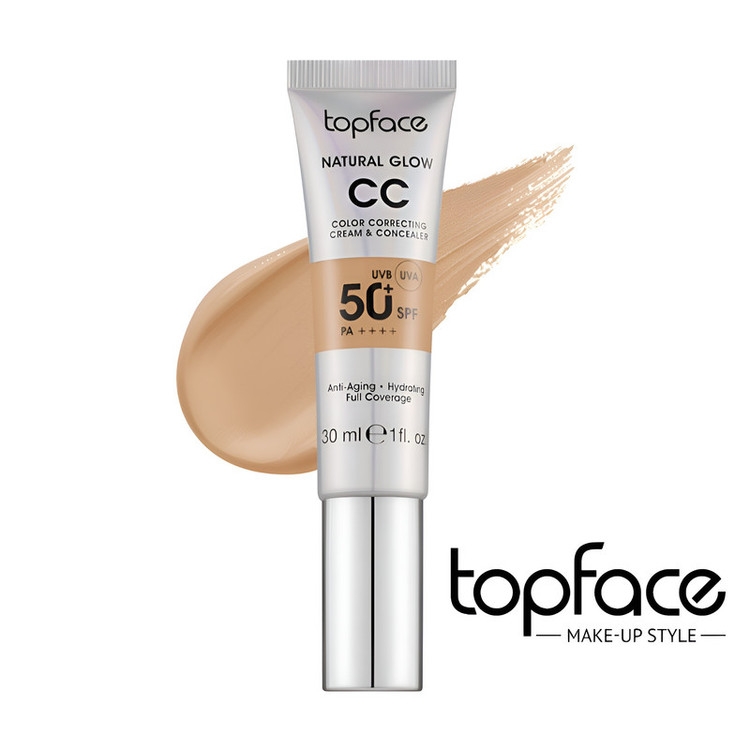 کرم پودر CC مایع +SPF50 تاپ فیس مدل NATURAL GLOW شماره 008 مناسب برای انواع پوست حجم 30 میلی لیتر