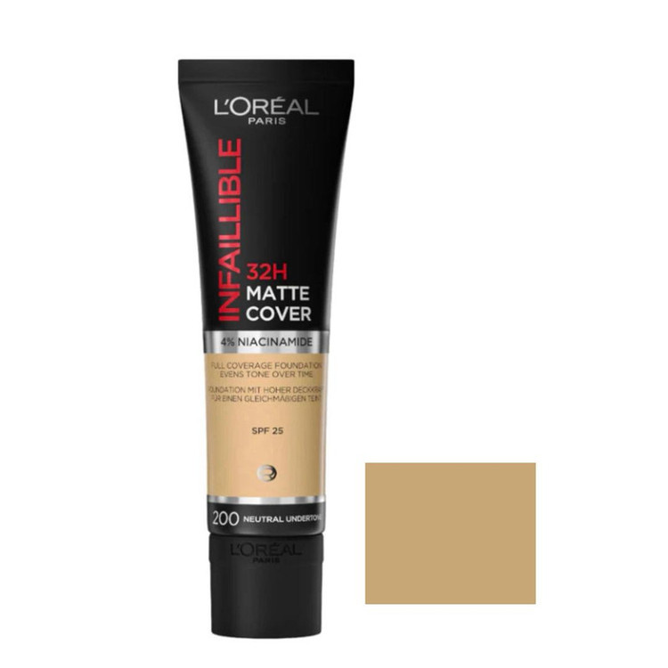 کرم پودر مایع Spf 25 لورآل مدل Matte Cover 32H شماره 200 مناسب برای انواع پوست حجم 30 میلی لیتر