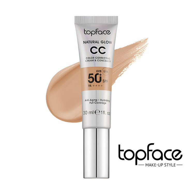 کرم پودر CC مایع +SPF50 تاپ فیس مدل NATURAL GLOW شماره 007 مناسب برای انواع پوست حجم 30 میلی لیتر