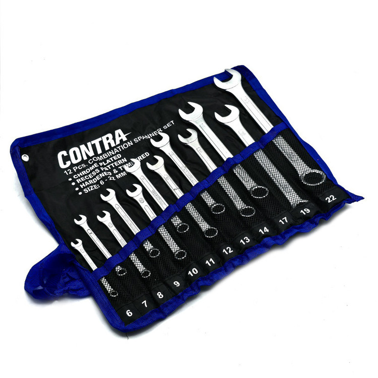 آچار یکسر تخت و یکسر رینگی کنترا مدل CRV-3113A سایز 6 الی 22 میلی متر مجموعه 12 عددی
