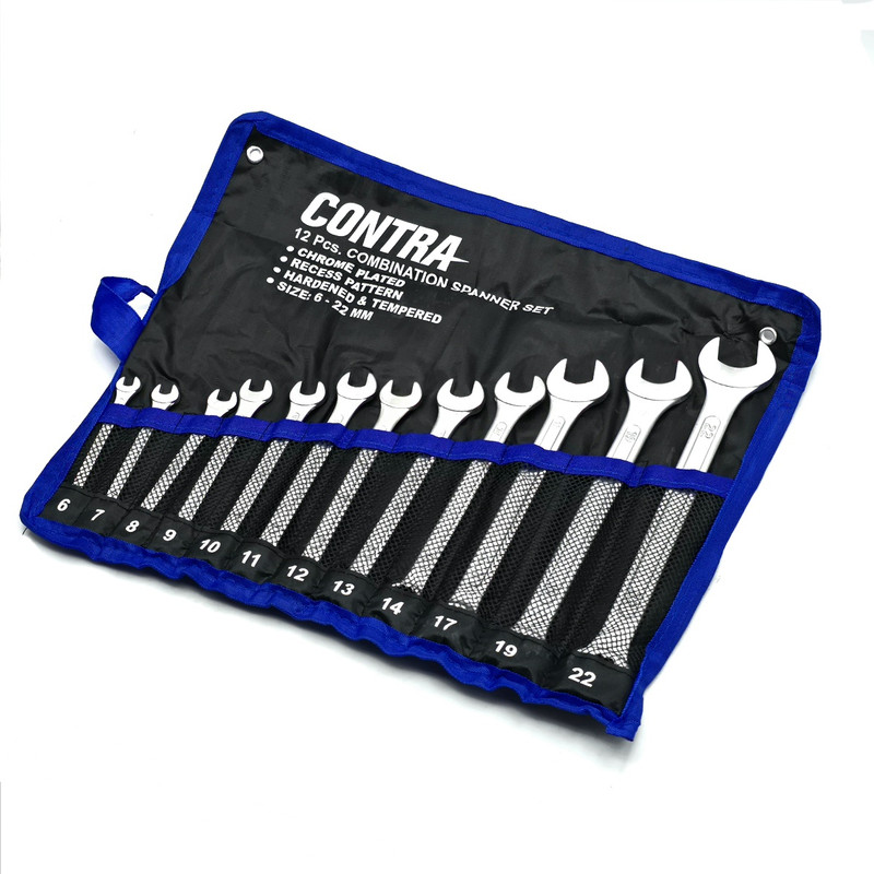 کیف آچار یکسر تخت و یکسر رینگی کنترا مدل کیف دار کد CHROME-PLATED-12PCS سایز 6 الی 22 میلی متر مجموعه 12 عددی