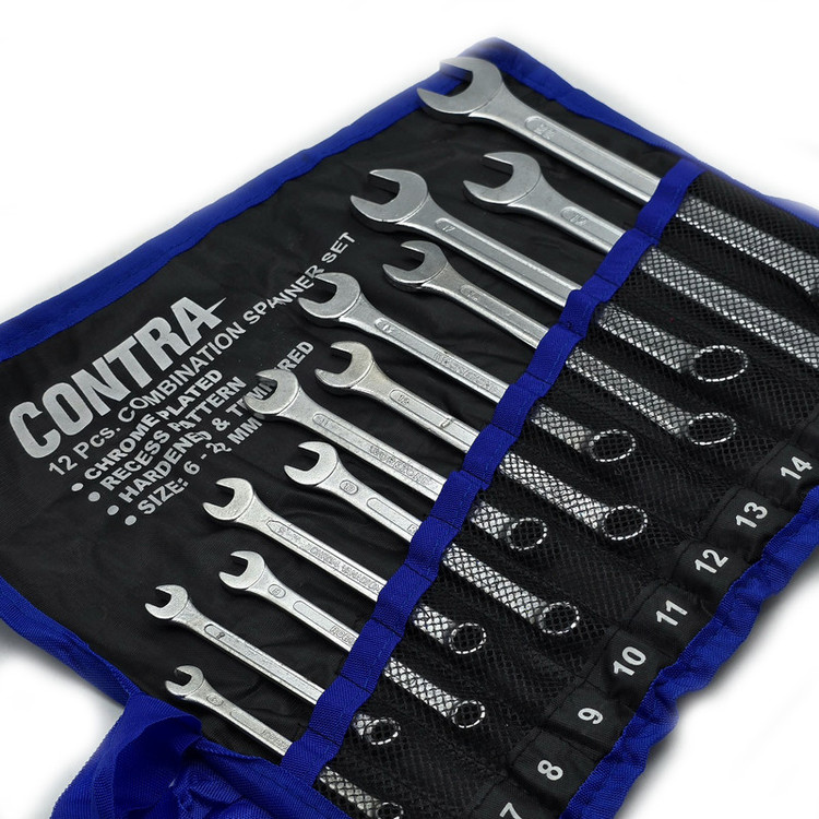کیف آچار یکسر تخت و یکسر رینگی کنترا مدل کیف دار کد CHROME-PLATED-12PCS سایز 6 الی 22 میلی متر مجموعه 12 عددی