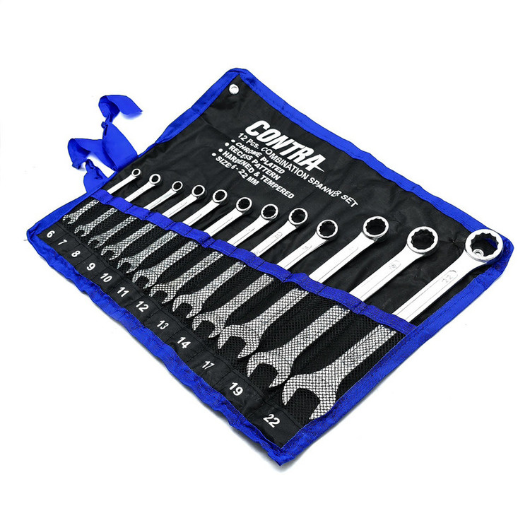 کیف آچار یکسر تخت و یکسر رینگی کنترا مدل کیف دار کد CHROME-PLATED-12PCS سایز 6 الی 22 میلی متر مجموعه 12 عددی