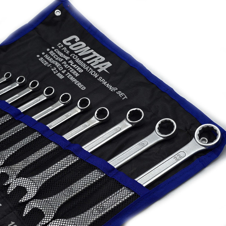 کیف آچار یکسر تخت و یکسر رینگی کنترا مدل کیف دار کد CHROME-PLATED-12PCS سایز 6 الی 22 میلی متر مجموعه 12 عددی