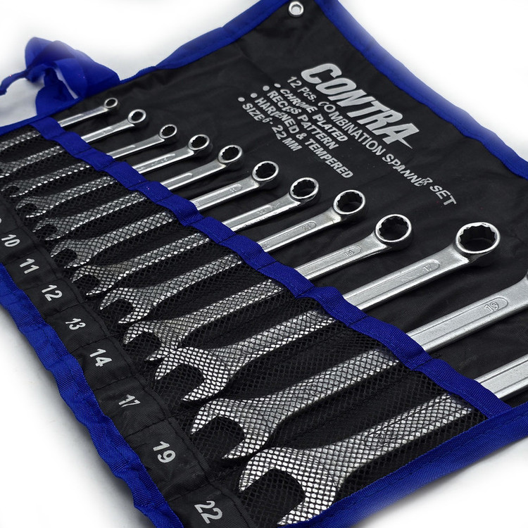 کیف آچار یکسر تخت و یکسر رینگی کنترا مدل کیف دار کد CHROME-PLATED-12PCS سایز 6 الی 22 میلی متر مجموعه 12 عددی