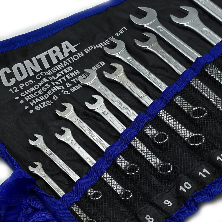 کیف آچار یکسر تخت و یکسر رینگی کنترا مدل کیف دار کد CHROME-PLATED-12PCS سایز 6 الی 22 میلی متر مجموعه 12 عددی