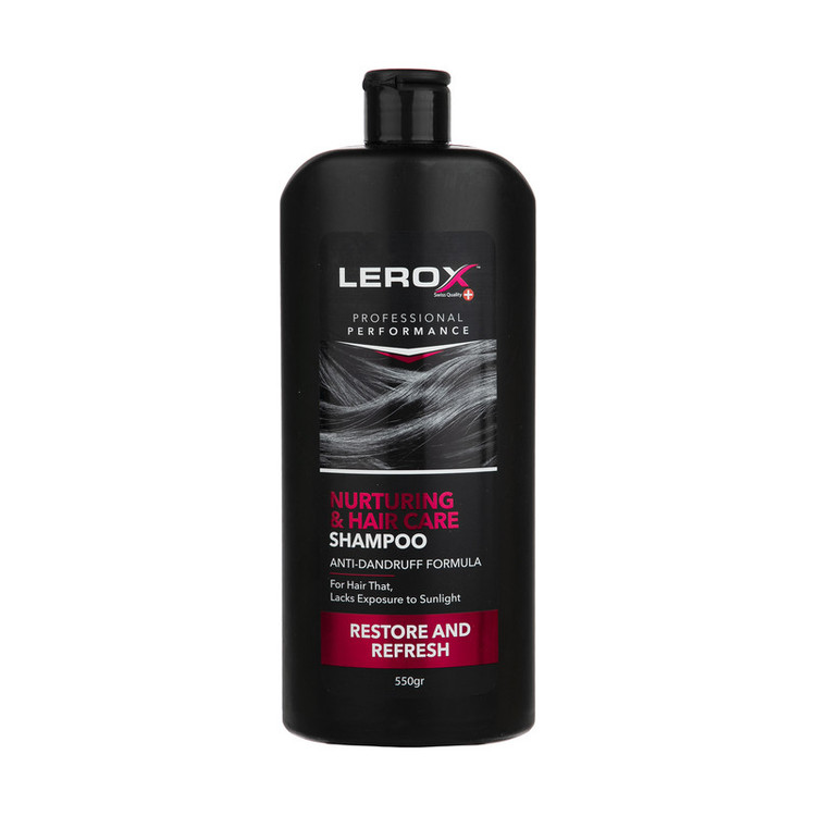 شامپو مو تقویتکننده مو لروکس مخصوص موهای آسیبدیده و خشک، وزن 550 گرم مدل Nurturing & Hair Care، ترمیمکننده، براقکننده، برطرفکننده وز مو، الکتریسیته مو و لطافتبخش با عصاره جلبک گالبنا