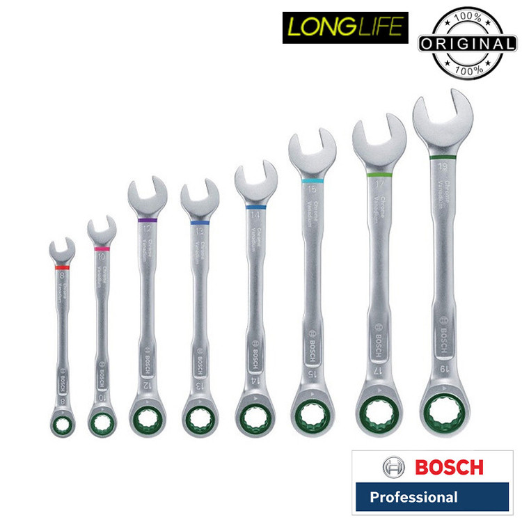آچار یکسر تخت و یکسر رینگی جغجغه ای بوش مدل Wrench Set 8 کد 1600A027PS بسته 8 عددی