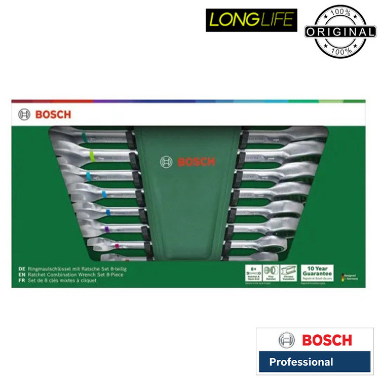 آچار یکسر تخت و یکسر رینگی جغجغه ای بوش مدل Wrench Set 8 کد 1600A027PS بسته 8 عددی
