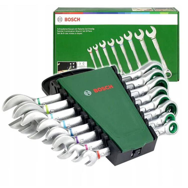 آچار یکسر تخت و یکسر رینگی جغجغه ای بوش مدل Wrench Set 8 کد 1600A027PS بسته 8 عددی