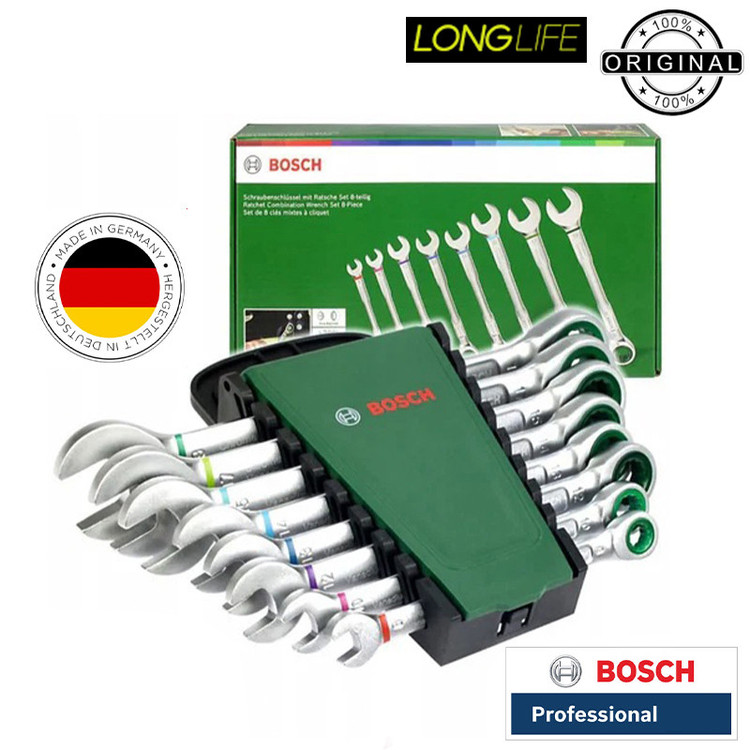 آچار یکسر تخت و یکسر رینگی جغجغه ای بوش مدل Wrench Set 8 کد 1600A027PS بسته 8 عددی