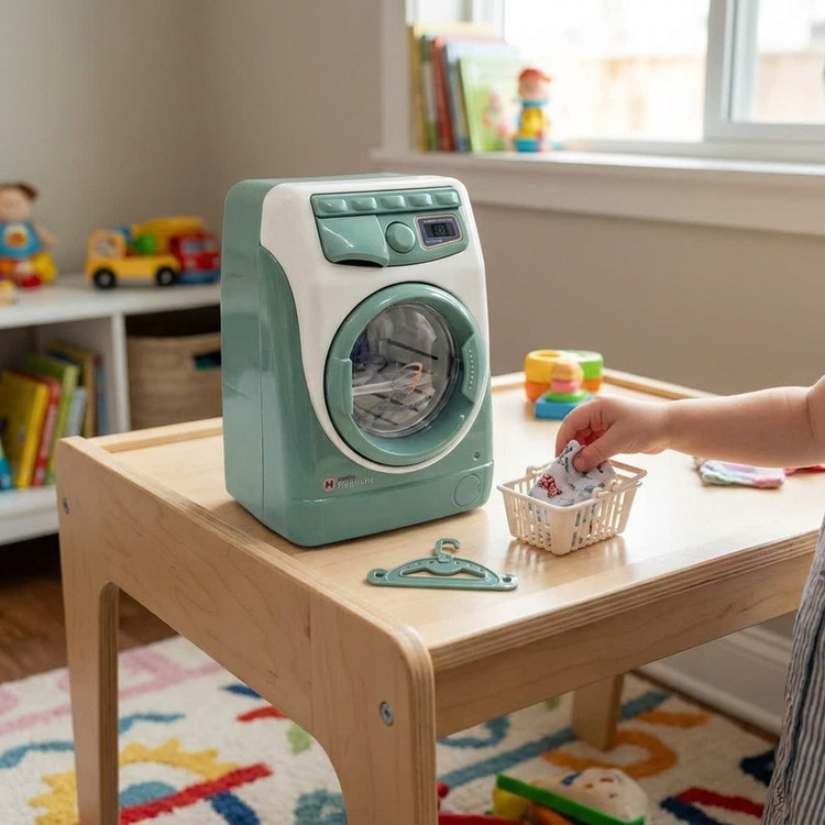 اسباب بازی ناب سل مدل ماشین لباسشویی چراغدار موزیکال کد WASHING MACHINE NAAB001 به همراه چوب لباسی و سبد لباس