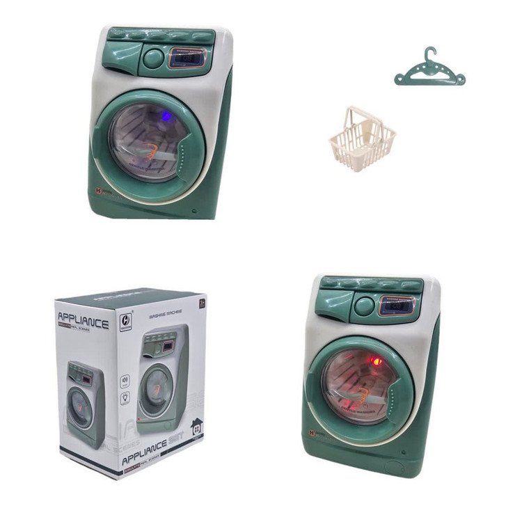 اسباب بازی ناب سل مدل ماشین لباسشویی چراغدار موزیکال کد WASHING MACHINE NAAB001 به همراه چوب لباسی و سبد لباس