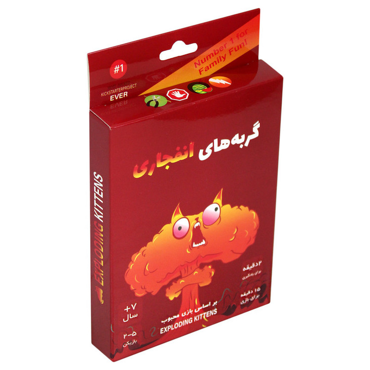 بازی فکری کارتی گربههای انفجاری مدل EXP KTN 02 مناسب 2 تا 5 نفر با ژانر استراتژی و رقابتی، رده سنی بالای 7 سال، مدت زمان کمتر از 30 دقیقه، شامل 56 کارت ویژه و 4 کارت راهنما