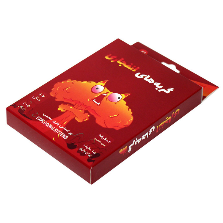 بازی فکری کارتی گربههای انفجاری مدل EXP KTN 02 مناسب 2 تا 5 نفر با ژانر استراتژی و رقابتی، رده سنی بالای 7 سال، مدت زمان کمتر از 30 دقیقه، شامل 56 کارت ویژه و 4 کارت راهنما