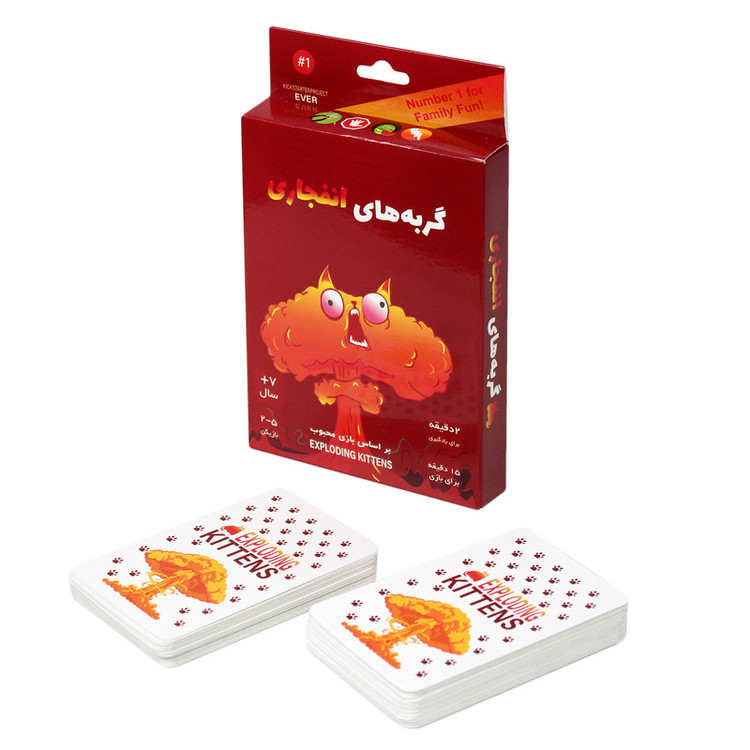 بازی فکری کارتی گربههای انفجاری مدل EXP KTN 02 مناسب 2 تا 5 نفر با ژانر استراتژی و رقابتی، رده سنی بالای 7 سال، مدت زمان کمتر از 30 دقیقه، شامل 56 کارت ویژه و 4 کارت راهنما
