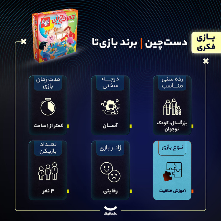 بازی فکری ساختوساز رقابتی بازی تا دست چین مدل 4 با 24 کارت، 20 لیوان رنگی، زنگ فلزی، مناسب 4 نفر، افزایش خلاقیت، اعتماد به نفس و کنترل هیجان، درجه سختی آسان، مدت بازی کمتر از یک ساعت