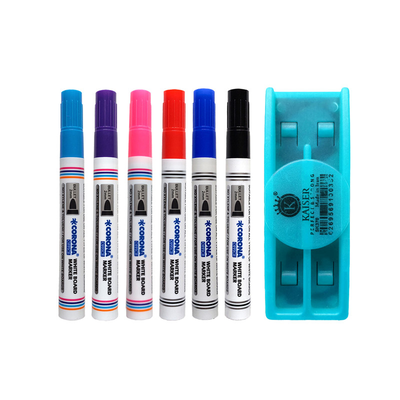 ماژیک وایت برد کرونا طرح گرد مدل CO-4090 به همراه تخته پاک کن بسته 7 عددی