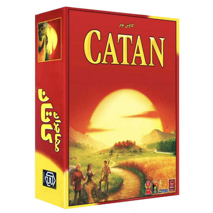 بازی فکری استراتژی مهاجران کاتان Catan، مناسب نوجوان و بزرگسال، 2 تا 4 نفره، درجه سختی آسان، مدت زمان کمتر از یک ساعت، شامل ساخت جاده، خانه و شهر با مبادله منابع و برنامهریزی استراتژیک