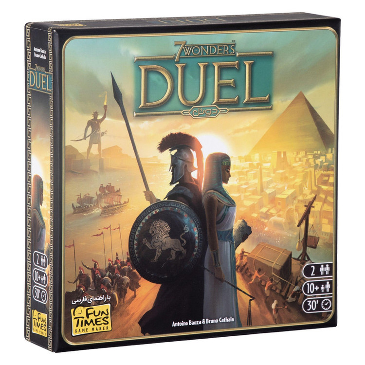 بازی فکری بردگیم استراتژی دونفره 7Wonders Duel با تاکتیک ساختوساز، مزایده، سیستم سه شرط پیروزی، پیشرفت علمی و نظامی، شامل 66 کارت دوران، 12 کارت عجایب و دفترچه راهنما، مناسب بالای 10 سال