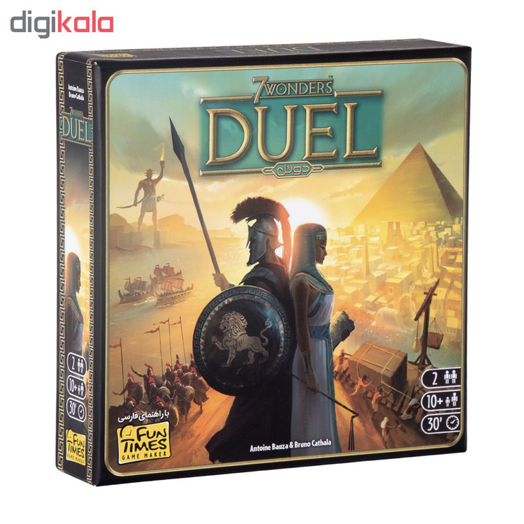 بازی فکری بردگیم استراتژی دونفره 7Wonders Duel با تاکتیک ساختوساز، مزایده، سیستم سه شرط پیروزی، پیشرفت علمی و نظامی، شامل 66 کارت دوران، 12 کارت عجایب و دفترچه راهنما، مناسب بالای 10 سال