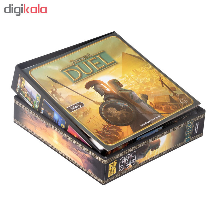 بازی فکری بردگیم استراتژی دونفره 7Wonders Duel با تاکتیک ساختوساز، مزایده، سیستم سه شرط پیروزی، پیشرفت علمی و نظامی، شامل 66 کارت دوران، 12 کارت عجایب و دفترچه راهنما، مناسب بالای 10 سال