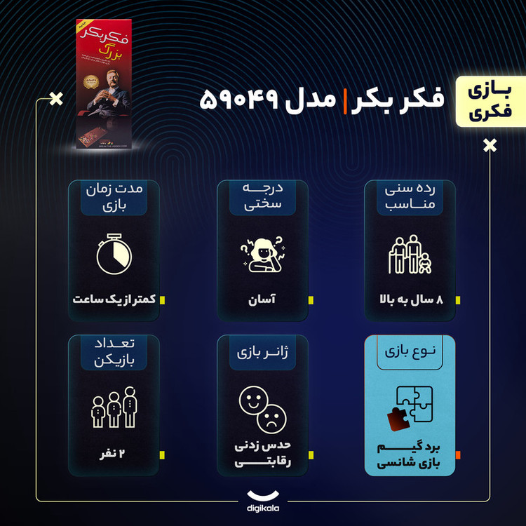 بازی فکری بردگیم فکر بکر مدل 59049 دو نفره، حدس زدنی، رقابتی، آسان، با تاکتیک مدیریت منابع، شانس و تاس، مناسب بالای 8 سال، مدت بازی کمتر از یک ساعت، شامل 198 مهره رنگی بزرگ و کوچک و دیواره مخفیکننده