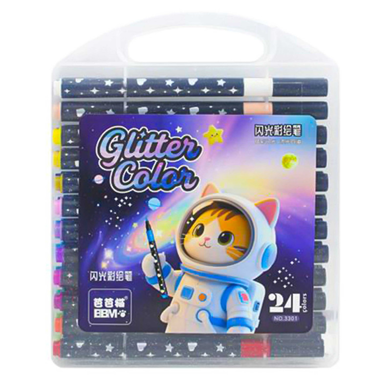 ماژیک چند منظوره براشینگ مدل glitter color اکلیلی طرح گربه فضانورد بسته 24 عددی