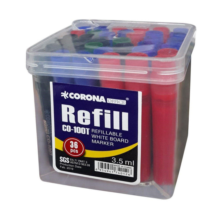 ماژیک وایت برد کرونا مدل Refillable کد CO-1090 بسته 12 عددی به همراه جوهر یدک