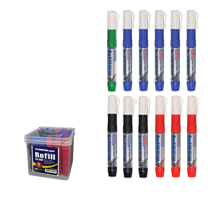 ماژیک وایت برد کرونا مدل Refillable کد CO-1090 بسته 12 عددی به همراه جوهر یدک