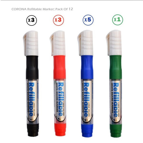 ماژیک وایت برد کرونا مدل Refillable کد CO-1090 بسته 12 عددی به همراه جوهر یدک