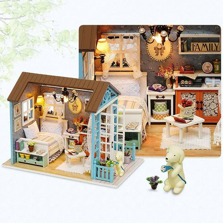 کیت ساختنی 500 تکه ناب سل مدل پازل خانه مینیاتوری چوبی چراغدار سه بعدی A-8007 کد FOREST TIMES CUTEROOM DIY HOUSE DO IT YOURSELF