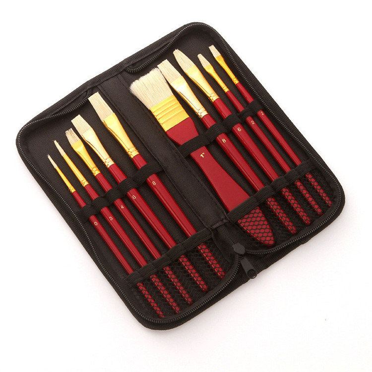 ست قلمو مو طبیعی مدل کیف دار کد Hog Bristle مجموعه 10 عددی