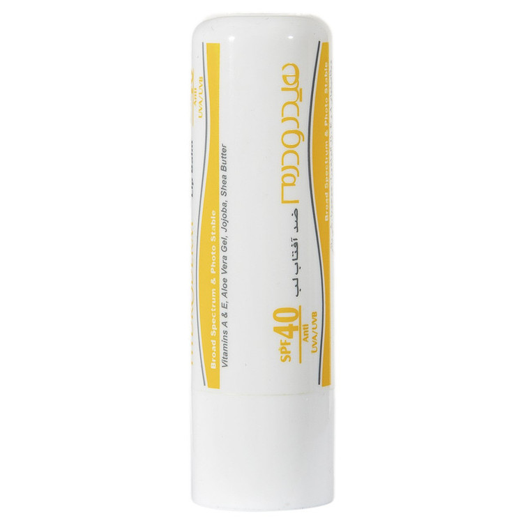 بالم لب هیدرودرم مدل SPF40 مرطوبکننده و ضدآفتاب با عصاره آلوئهورا و شیباتر، مقاوم در برابر آب و تعریق، مناسب پوست خشک، جامد ماتیکی، وزن 4.5 گرم