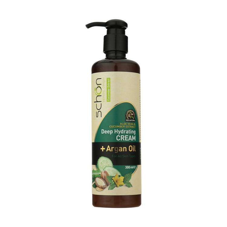 کرم مرطوبکننده شون، مدل Cucumber، مناسب انواع پوست، با عصاره خیار، حاوی روغن آرگان، مناسب استفاده برای دست و صورت، حجم 300 میلیلیتر