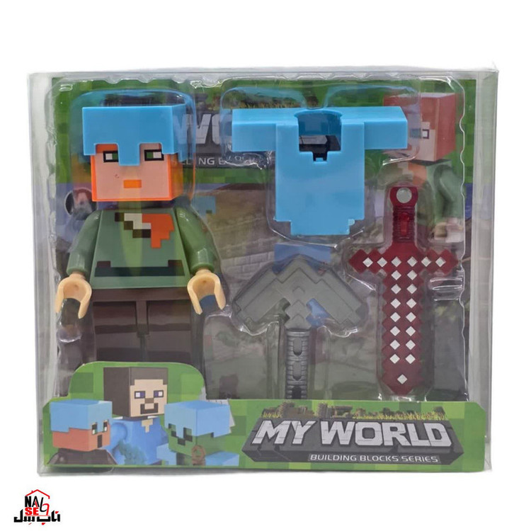فیگور ناب سل مدل ماینکرافت همراه با ابزار جنگ طرح MY WORLD کدNAAB 002 ارتفاع 9 سانتی متر