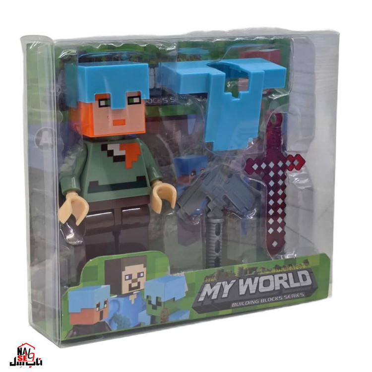 فیگور ناب سل مدل ماینکرافت همراه با ابزار جنگ طرح MY WORLD کدNAAB 002 ارتفاع 9 سانتی متر