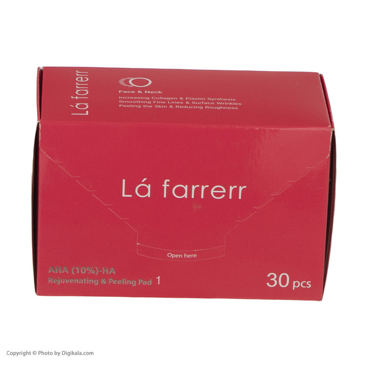 پد جوان کننده و لایه بردار پوست لافارر مدل AHA10% و هیالورونیک اسید بسته 30 عددی