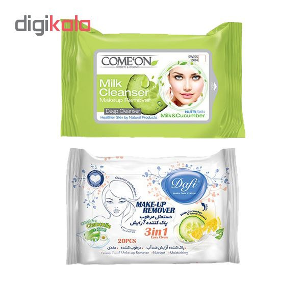 دستمال مرطوب کامان مدل Milk بسته 20 عددی به همراه دستمال مرطوب دافی مدل Cucumber & Lemon بسته 20 عددی