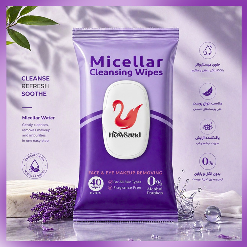 دستمال پاک کننده آرایش میسلارواتر نیوساد مدل Micellat-W03 سه بسته 40 عددی