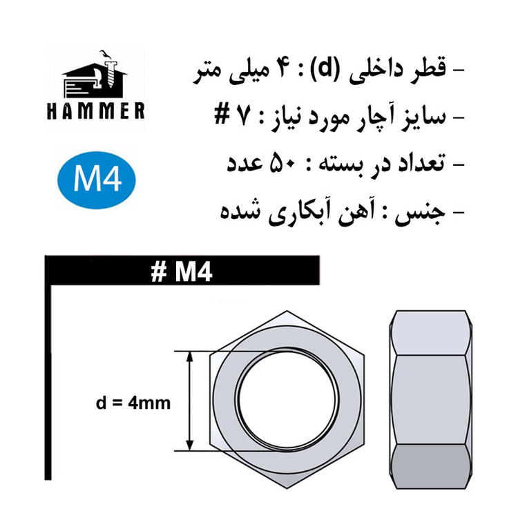 مهره هامر مدل شش ضلعی کد M4 مجموعه 50 عددی