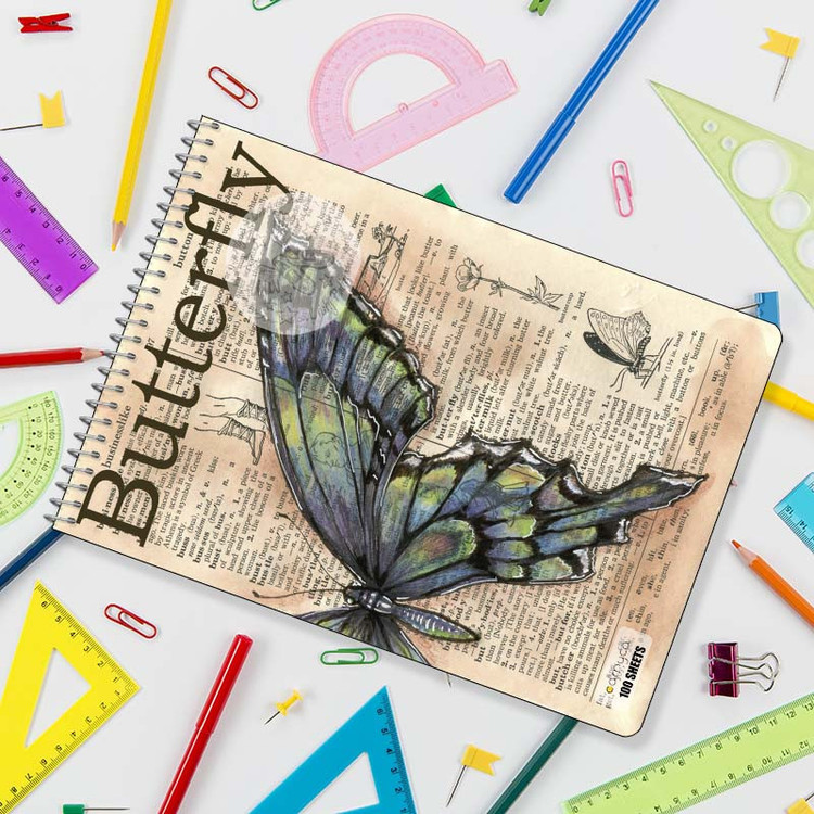 دفتر شطرنجی 100 برگ کارنیکا طرح روزنامه وینتج پروانه Vintage Newspaper Butterfly کد 41460