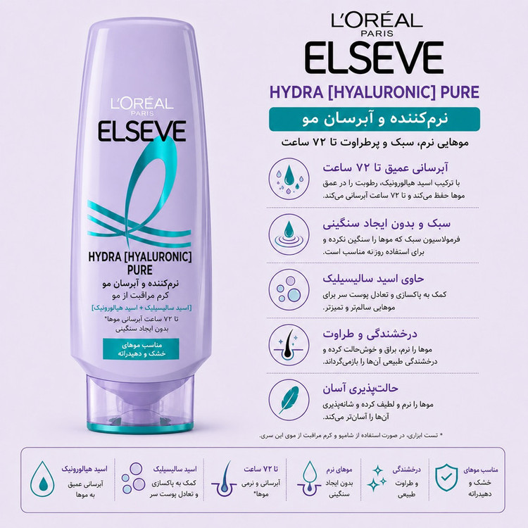 نرمکننده مو لورآل مدل Hydra Hyaluronic Pure مناسب موهای چرب حجم 250 میلیلیتر