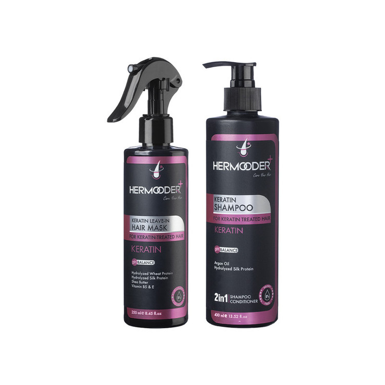 شامپو مو هرمودر مدل Keratin مناسب برای مو کراتین شده حجم 400 میلی لیتر به همراه ماسک مو هرمودر مدل Keratin مناسب برای مو کراتین شده حجم 250 میلی لیتر