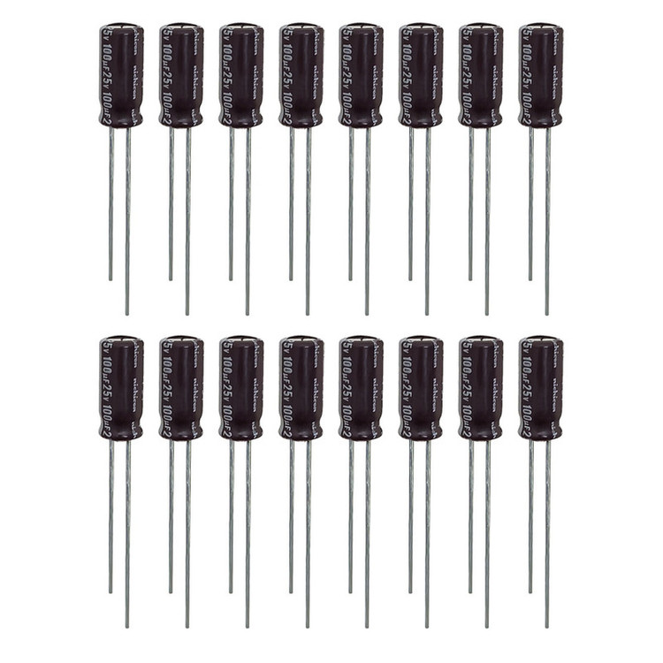 خازن 100 میکروفاراد 25 ولت نیچیکون مدل TK-10025 بسته 16 عددی